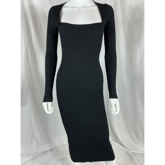 Ganni Square-Neck Black Ribbed-Knit Midi Dress Size XS - NWT